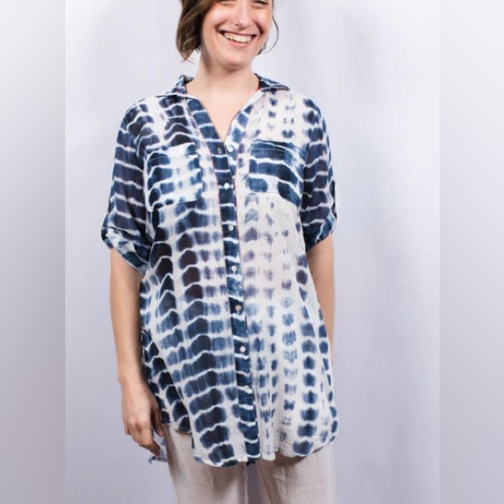 Dolma Shibori-Dyed Pattern Button-Up Collared Shirt 2 Breast Pockets Size XLarge